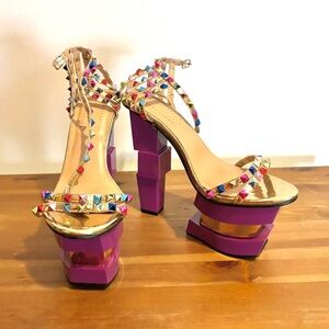Platform Stone Multicolor Chunky Heel Sandals Barbie Pink Size 11 READ